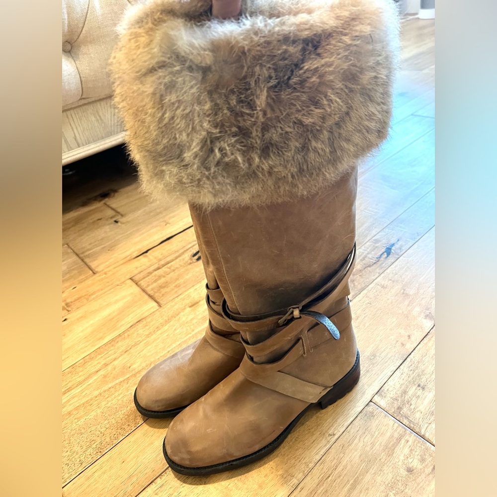 Fabianelli Boots - Made in Italy Women's Tan Rabbit Fur Cuff Winter Boots